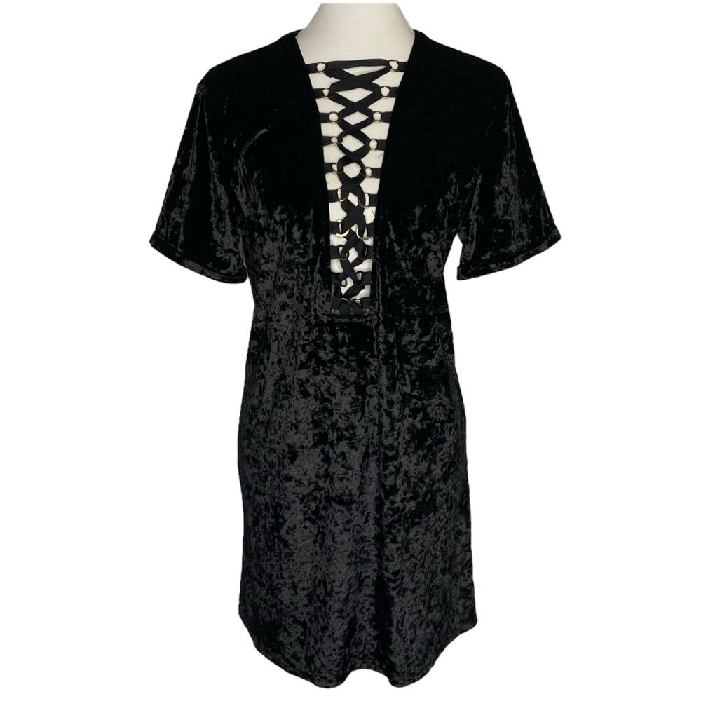 NWT Solaris Style Crushed Velvet Lace Up Mini Dress Black Large Wtichy Goth Vamp